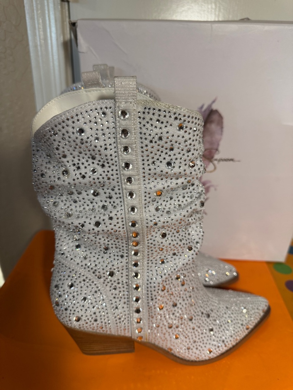 Jessica Simpson Crystal-Embellished Silver Slouch Western Boots - Picture 2 of 8